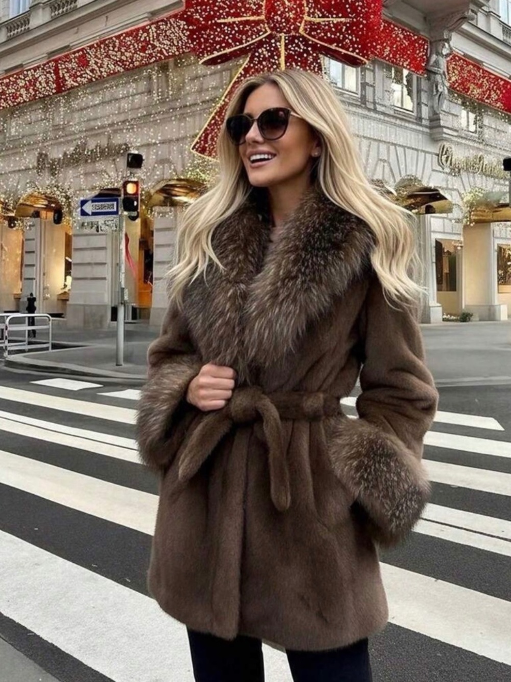 Women's Brown Faux Fur Trim Belted Coat